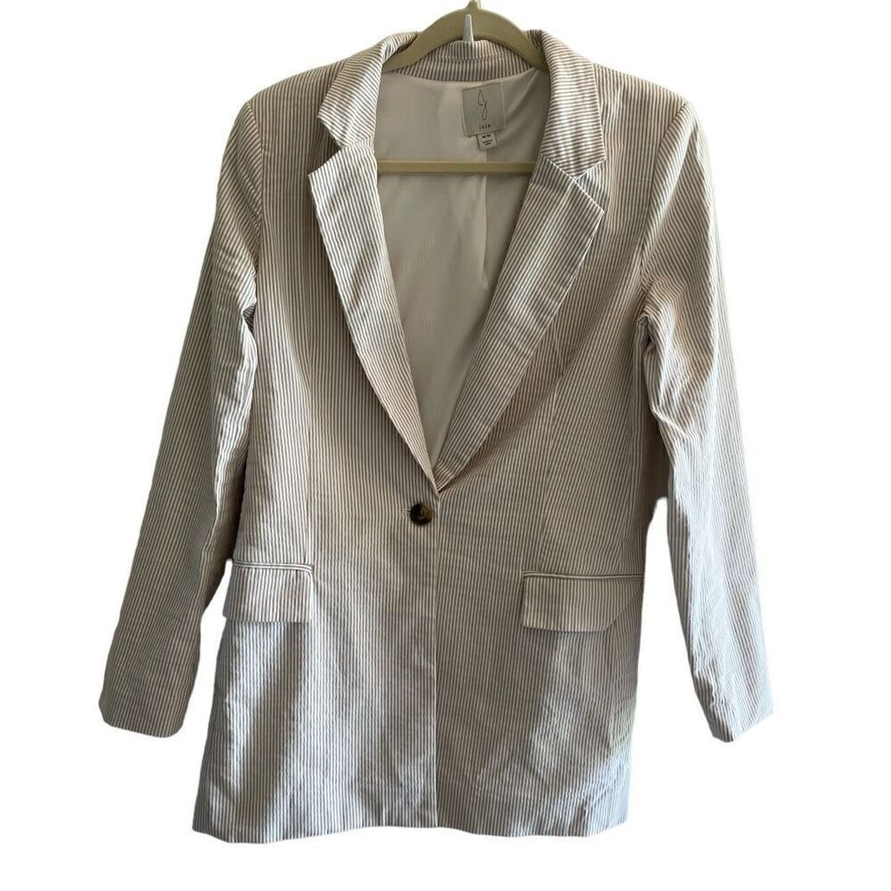 Joie Tan Khaki White Pin Stripes Seer Sucker Blazer Jacket Women’s Size Medium